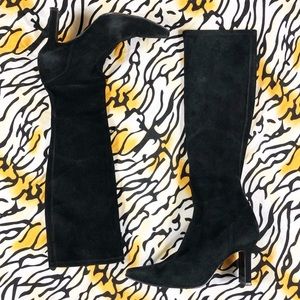 Vintage 90s Stuart Weitzman Designer Black Suede Leather Pointed Toe Tall Boots
